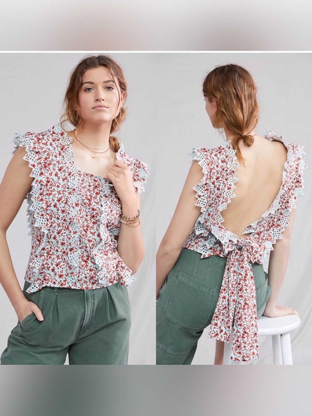 Anthropologie White Eyelet Floral Tie-Back Top with Rust Print